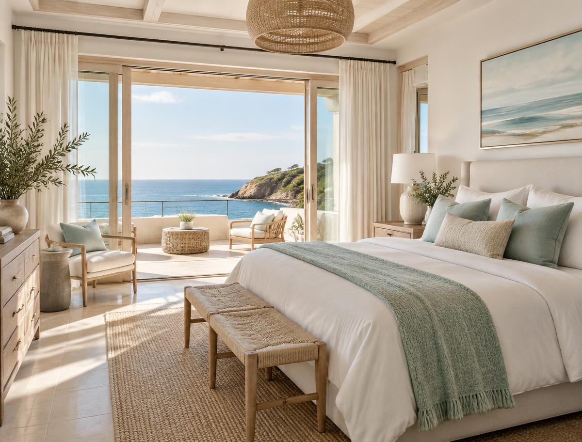 A bright coastal vacation rental interior; illustrative image